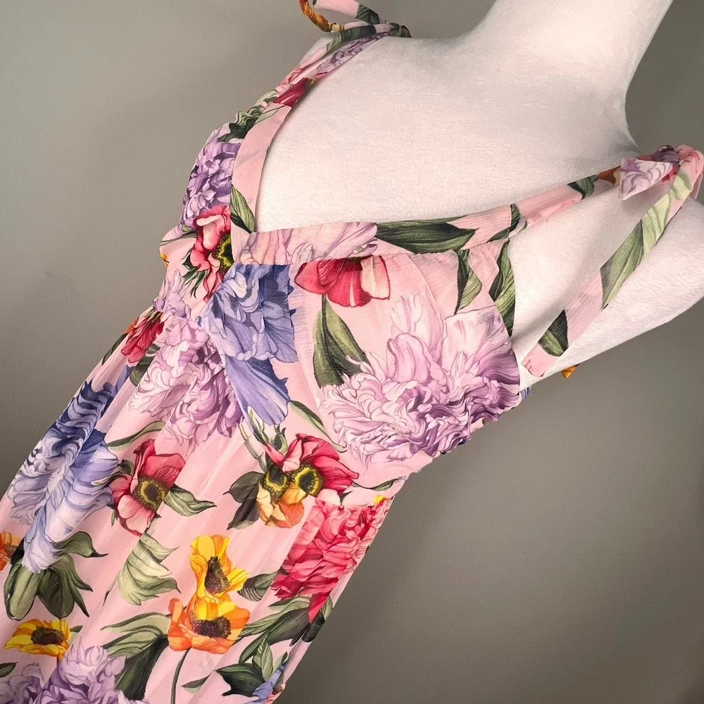Express Floral Tiered Maxi Dress‎ Pink Tie Strap Cottagecore Romantic Feminine S